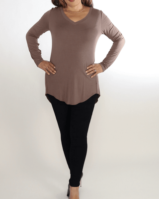 Long Sleeve V-neck hi-low Mocha top