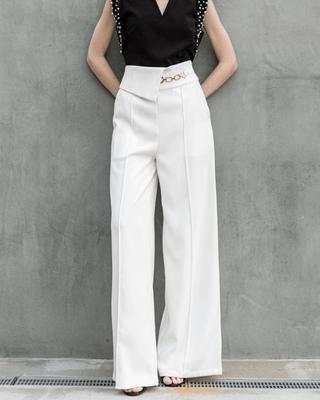 pleated wide leg white leg trousers